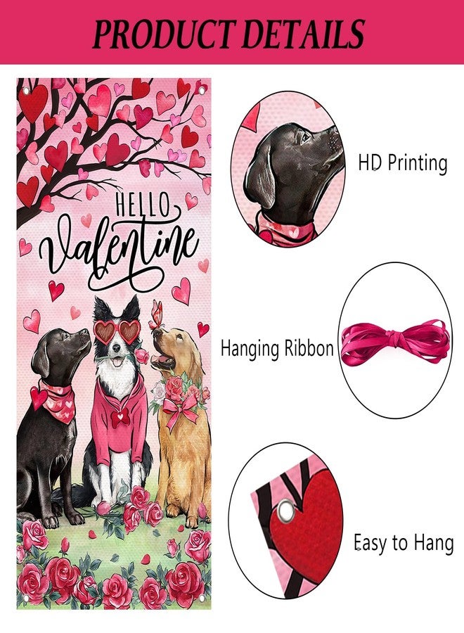 Bolisom Hello Valentine's Day Dogs Door Cover Decorations, Pink Red Love Heart Tree Rose Flower Front Door Banner Background Pet Lover Gift, Anniversary Wedding Indoor Outdoor Home Decor 3 x 6 FT - Image 2